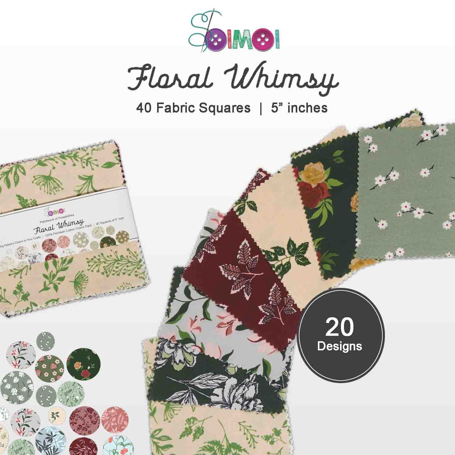 40 Pcs Cotton Bundles Charm Packs for Quilting, Precuts Quilt Squares 5 x 5 inches, Fabric Scraps for Crafts, Fat Quarter Layer Cakes, DIY Fabric Bundle Squares Supplies - Floral Whimsy