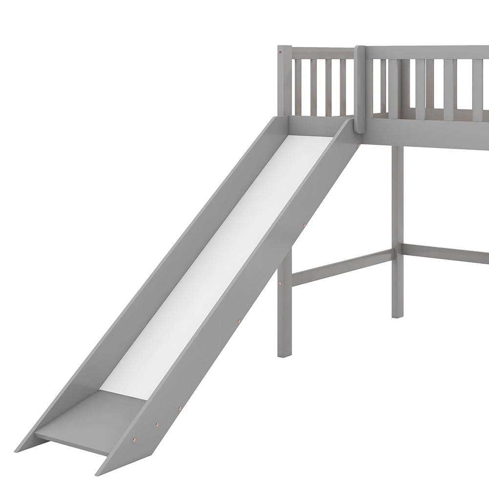 Kadyn Twin Size Low Loft Bed with Ladder and Slide, Gray