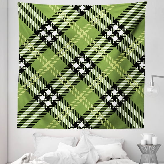 Checkered Tapestry, Classical Celtic Pattern Symmetrical Stripes and Squares Print, Fabric Wall Hanging Decor for Bedroom Living Room Dorm, 5 Sizes, Pale Yellow Fern Green, by Ambesonne