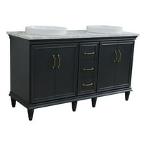 61 in. Double Wooden Vanity Dark Gray White Carrara Marble Round Sink