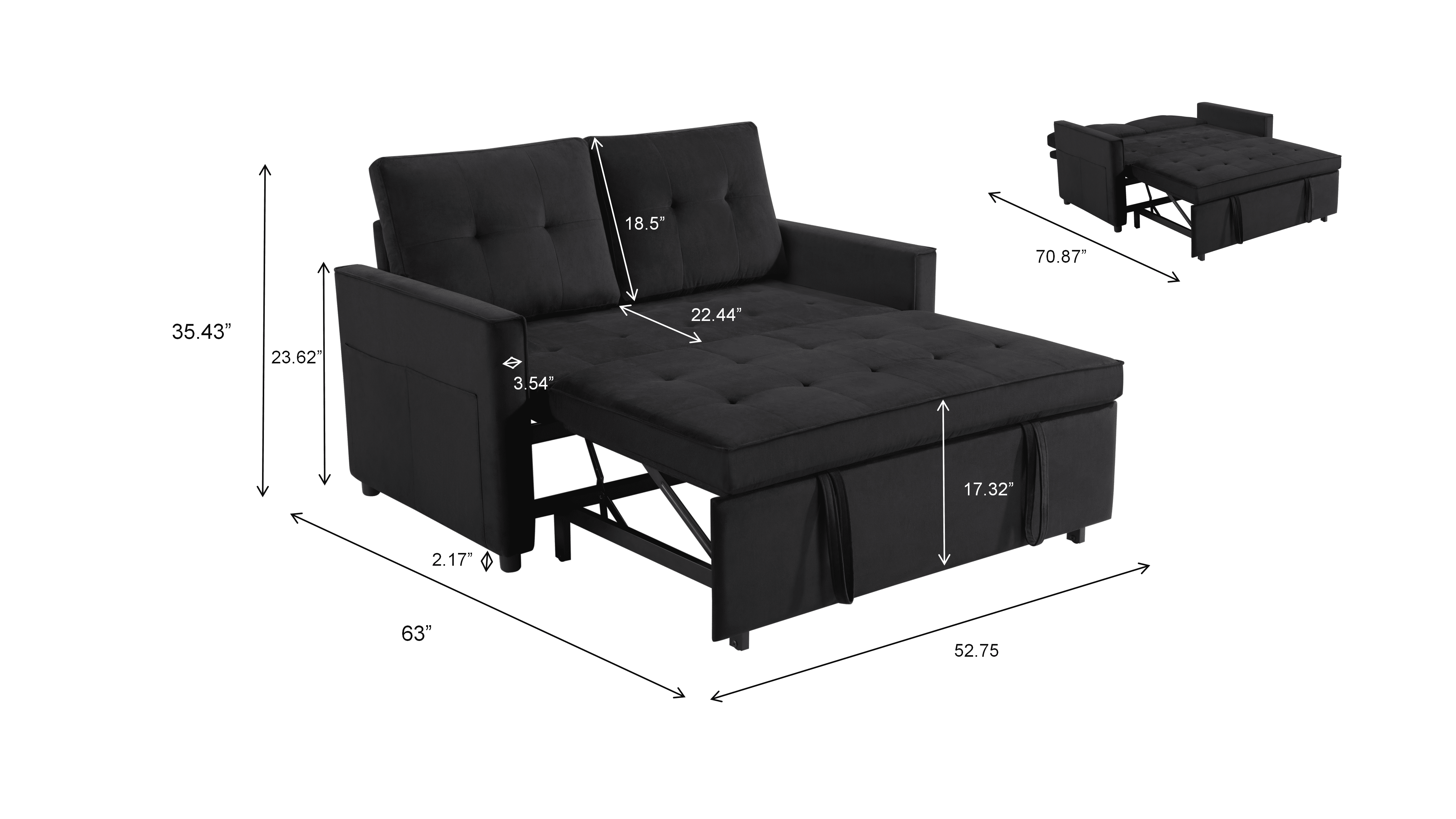 Gewnee Black Velvet Convertible Loveseat with Adjustable Backrest and Storage Pockets