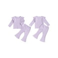 thumbnail image 3 of Aojekbee Baby Girl 2Pcs Fall Outfits Ruffle Long Sleeve Lettuce Trim Tops + Flare Pants Set Toddler Clothes, 3 of 10
