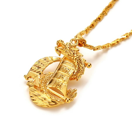 Vietnamese Sand Gold Dragon Pendant Necklace Lucky Boat amp Chinese Zodiac Snake Year Stylish amp Bold Men's Accessory