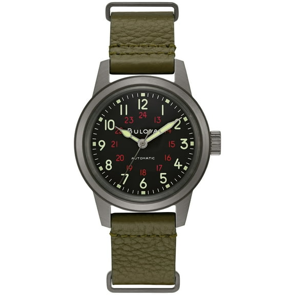 Bulova Men's Military Hack Automatic Green Leather Strap Watch 98A255