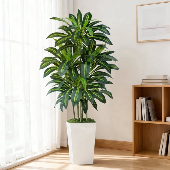 Keeplush 5FT Artificial Dracaena Tree with White Tall Planter - High-Density Silk Faux Yucca Fake Tree for Indoor Home Office Decor, Large Tall Artificial Floor Plant (150cm/5ft)
