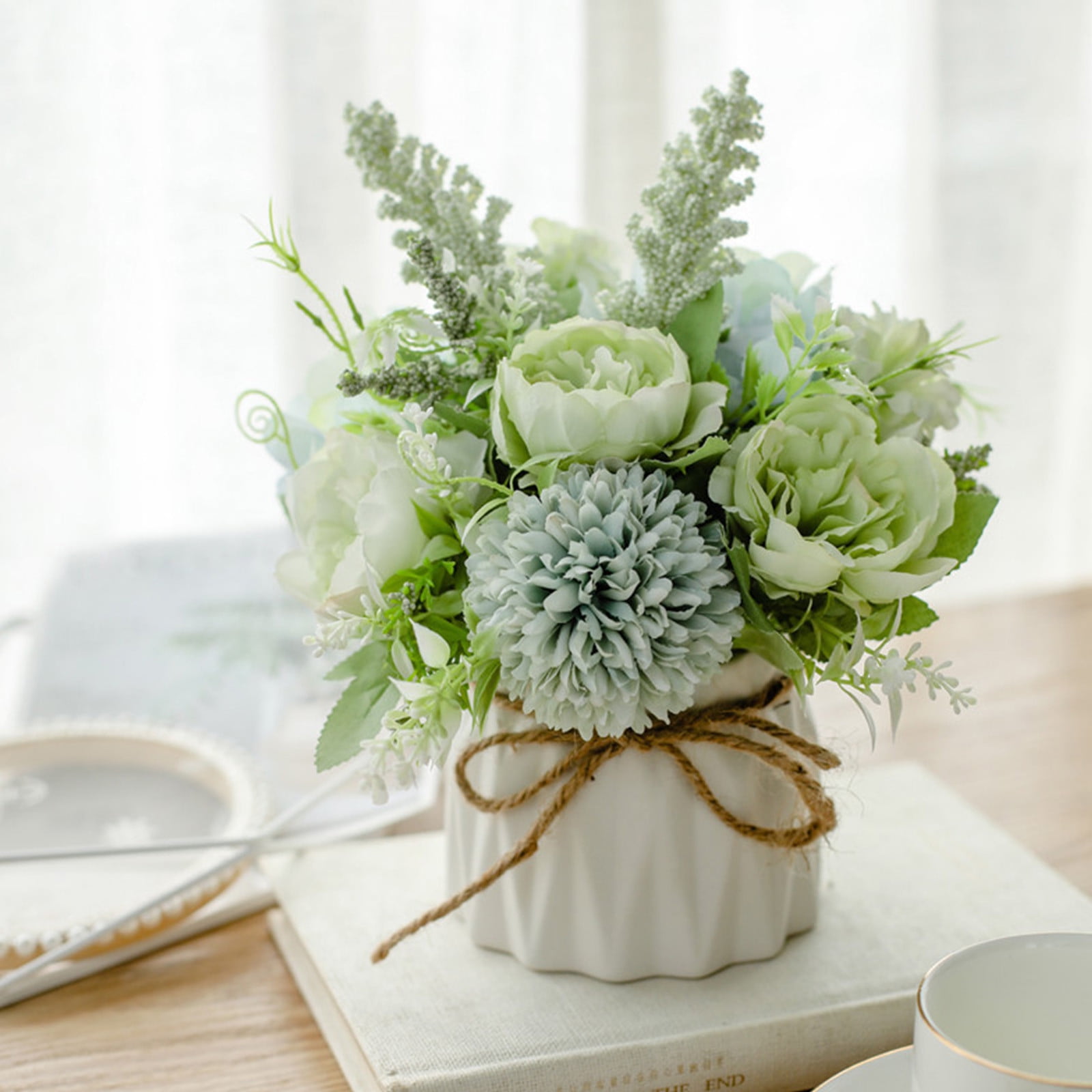 Specollect Clearance 5Pcs Artificial Bouquet with Small Ceramic Vase, Variety Flower Balls Flowers Decoration, Fake Silk Variety Flower Balls Flowers Decoration for Table Home Party Office Wedding