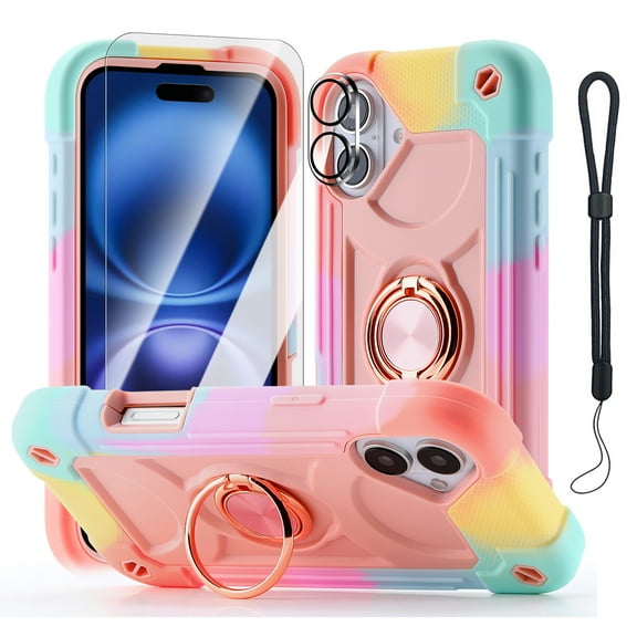 Dteck for iPhone 17 Case with Screen Protector Camera Lens Cover, Full-Body Shock Absorption Heavy Duty Rugged Phone Case with Ring Kickstand,Rainbow Rosegold