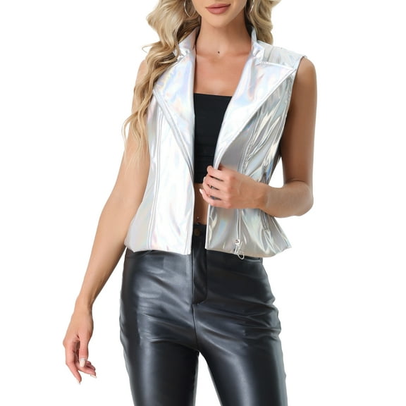 INSPIRE CHIC Women's Sleeveless Stand Collar Shiny Metal Zipper Vest XS Silver