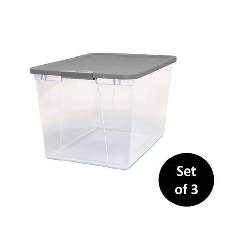 Archival Quality Storage - Mainstays 64 Quart Clear Storage Container with Grey Lid, Set of 3