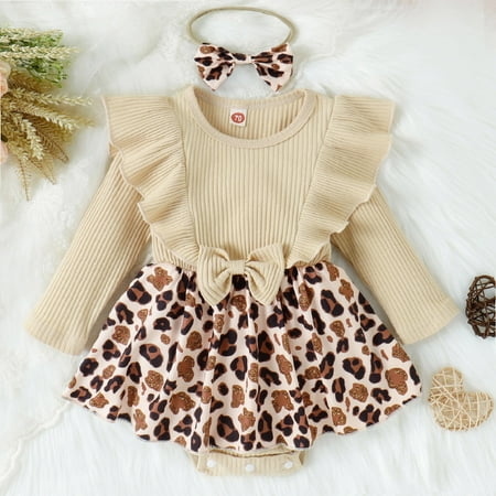 

NIUREDLTD Girls Long Sleeve Ribbed Leopard Printed Ruffles Romper Bodysuits Headbands Set