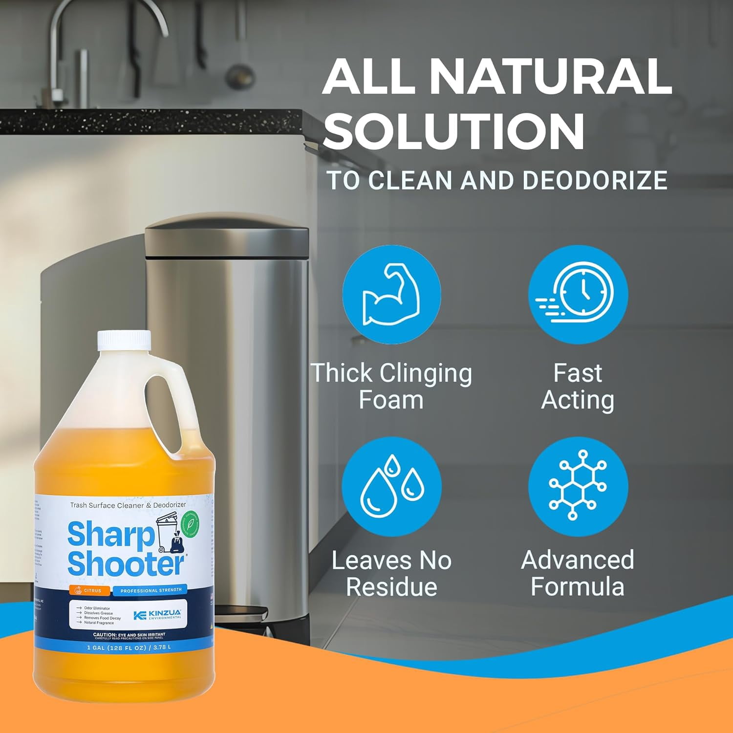 Kinzua Environmental Sharpshooter Heavy-Duty Trash Can Degreaser, Citrus Scent, 1 Gal - Odor Eliminator for Kitchens & Garbage Cans