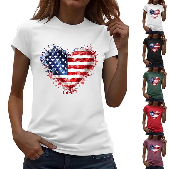 Pxxlle Fourth of July Shirts for Women Funny USA Flag Graphic Tees Patriotic Short Sleeve T Shirts Independence Day Crewneck Tshirt S