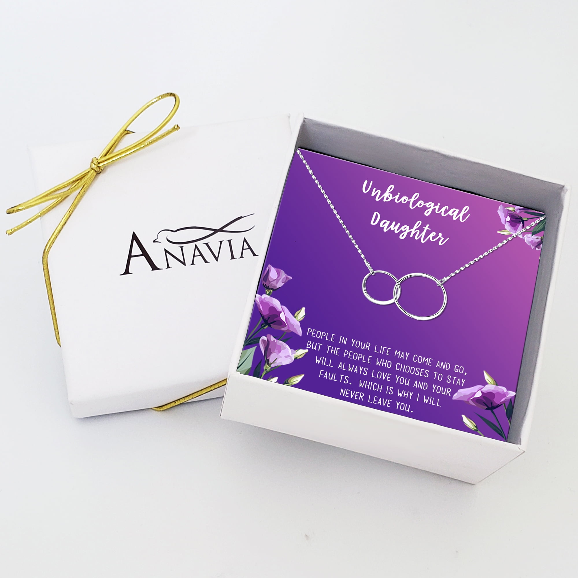 Anavia Unbiological Daughter Jewelry, Step Daughter Necklace Gift, Bonus Daughter Birthday Card Gift, Gift from Step Mom-[Silver Infinity Double Ring, Royal Purple Gift Card]