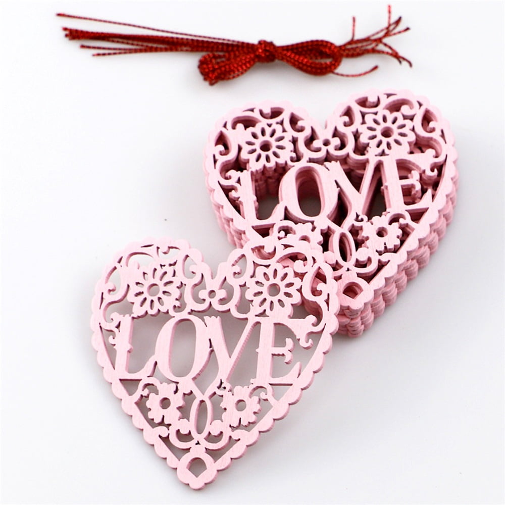 3 Red Rustic Hanging Wooden Love Hearts Great Christmas Decoration Heart & Twine 