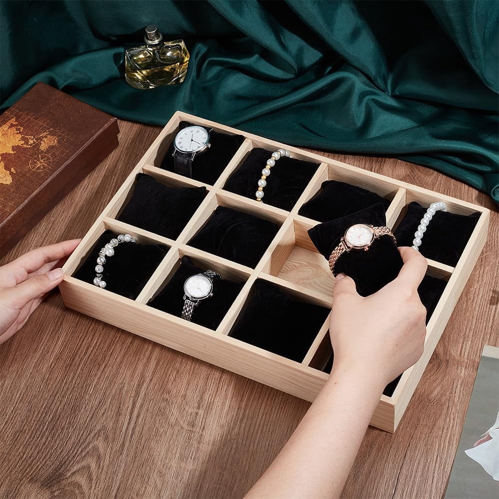 12 Slot Wooden Watch Organizer Tray Display Holder with Removable Velvet Pillows Stackable Jewelry Bracelet Storage Tray for Drawer Showcase Black diy