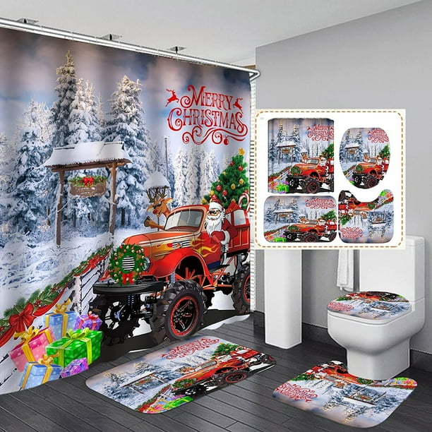 Juego de cortinas de ducha de Navidad para baño, 4 piezas de cortina de ducha de Navidad/alfombras de baño antideslizantes/tapa de inodoro/alfombra de baño, divertida decoración de alfombrilla de coch