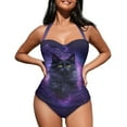 thumbnail image 3 of FKELYI Purple Bohemian Floral Black Cat Print Halter Swimwear One Piece Swimsuit with Soft Pad for Women Tummy Control Bathing Suits Monokini for Ladies Summer Swimming, 2XL, 3 of 6