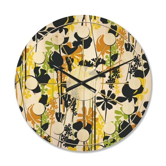Designart 'Summer Meadow Pattern, Black silhouettes On White' Mid-Century Modern Wood Wall Clock