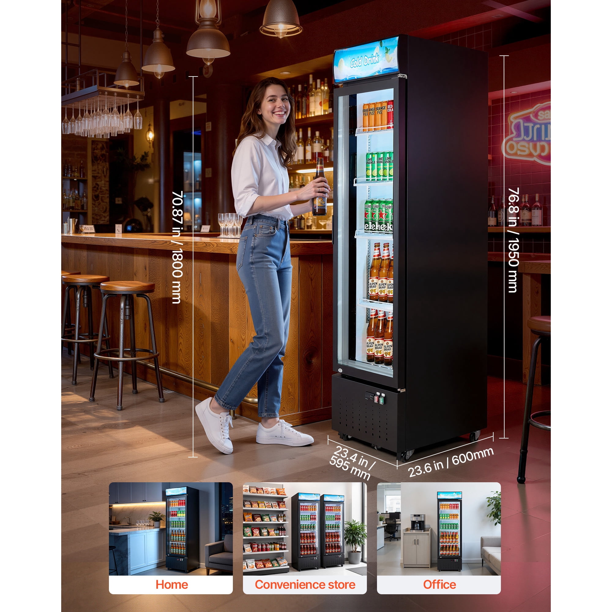 KFFKFF Commercial Glass Door Refrigerator, 12.7 Cu.Ft / 360 L Upright Beverage Cooler with Adjustable Shelves, LED Lighting, and Customizable Lightbox for Home or Retail Use