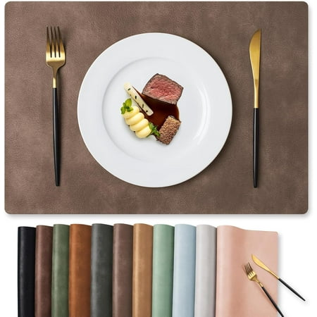 

Vinyl Placemats Set of 8-12 X 17 Inch - Faux Leather 100% Waterproof Oil-Proof Wipeable PU Place Mats Heat Resistant Reversible Table Mats for Kitchen Dining Outdoor (Brown)