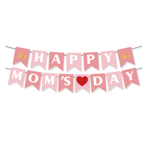 Happy Mom's Day Banner, Pink Bunting Garland, Party Decoration with Crown and Heart