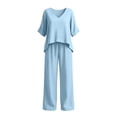 thumbnail image 4 of Zynoxe Linen Sets for Women Two Piece Summer Ruched V-neck Top Wide Leg Pants with Pockets Fashion Lounge Vacation Beach OutfitsLight BlueXL, 4 of 7