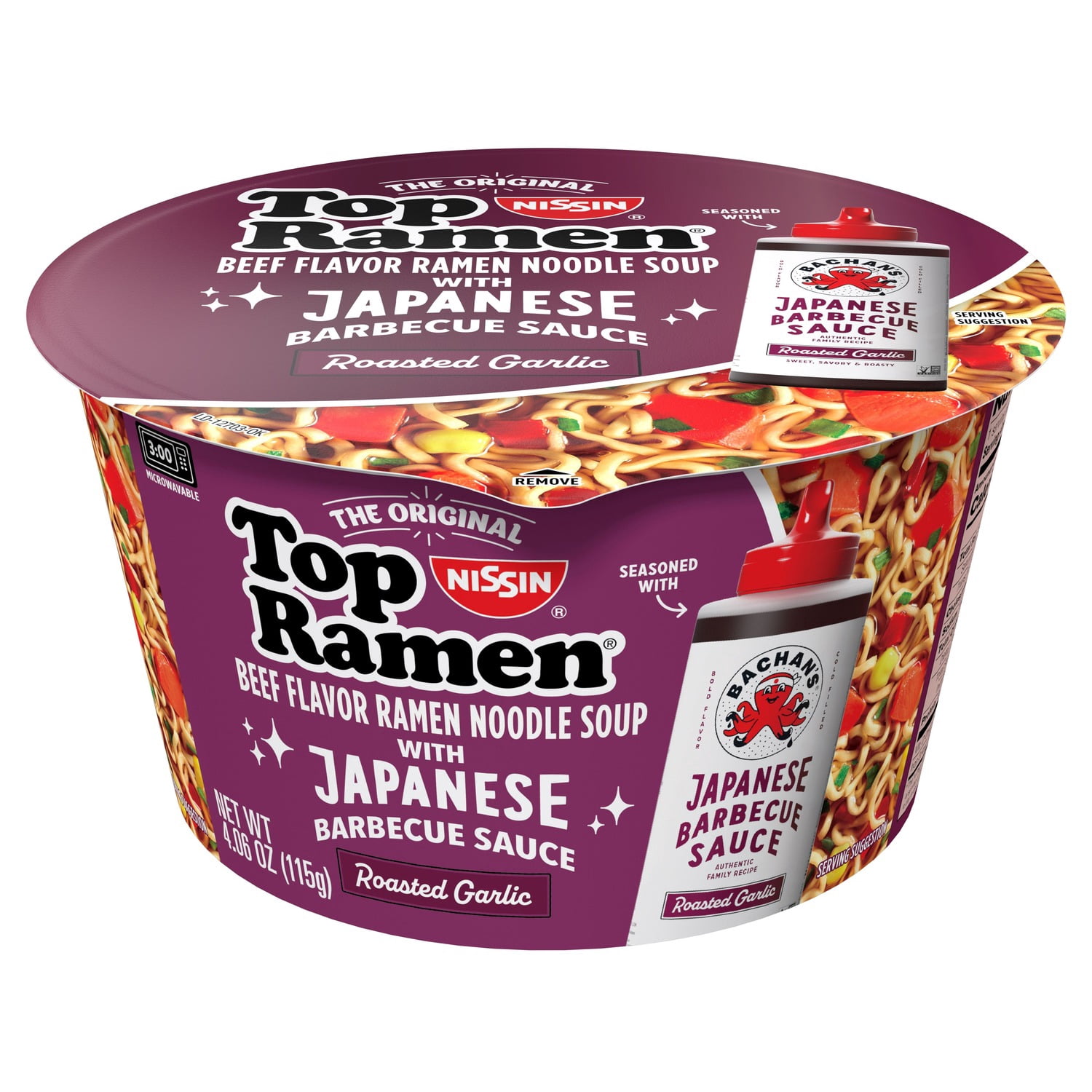 (6 pack) Nissin Top Ramen Bachan's Beef Ramen Bowl with Bachan's Roasted Garlic Japanese Barbeque Sauce