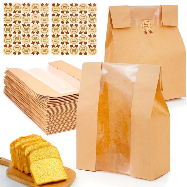HLONK 100 Pack Food-Safe Paper Bread Bags with Window - 50% Thicker 13.7x8.2x3.7in Large Bakery-Style Bags for Homemade Sourdough Artisan Bread Cookies & Snacks - Includes 120 Cute Seal