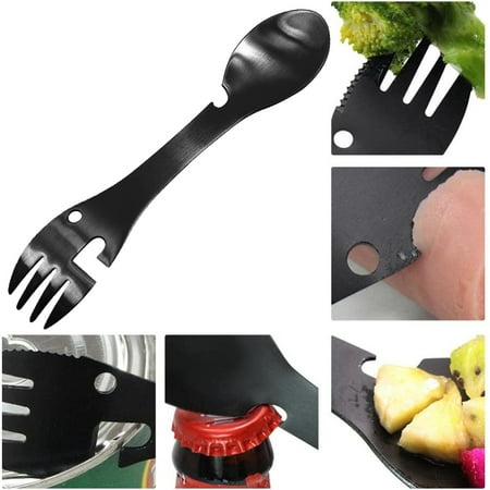

Cheers.US Outdoor Multifunctional Fork Spoon Camping Stainless Steel Cookware Combo Functional Tool Can Opener Bottle Opener Toothed Cutting Edge Travel Portable Tableware Spoon