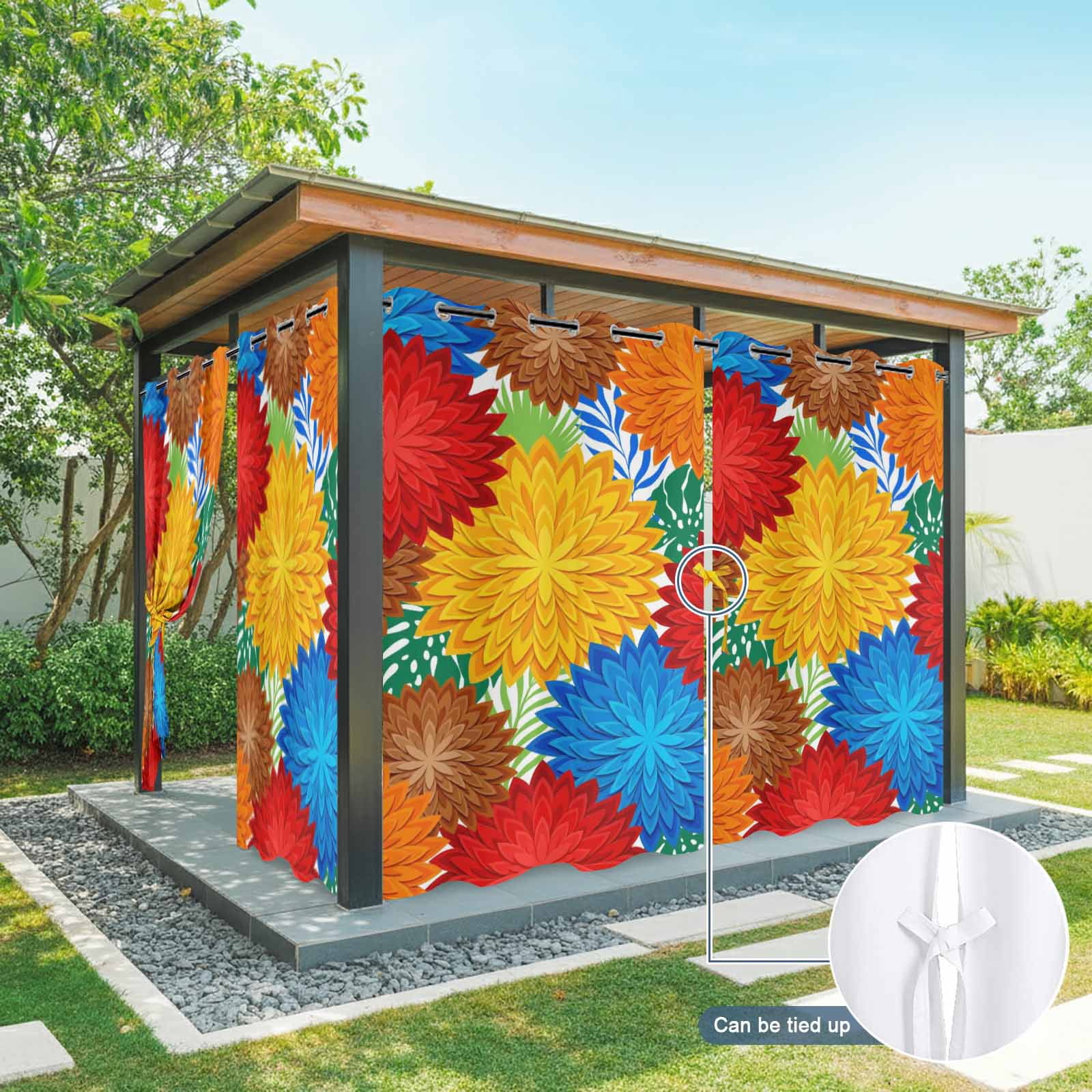 Dahlias Bloom Outdoor Curtains for Patio, Modern Exotic Minimalist Red Blue Yellow Orange Brown Flowers Sunshade Privacy Drapes Grommet Waterproof Outside Curtains for Porch Balcony 54"x108", 1 Panel