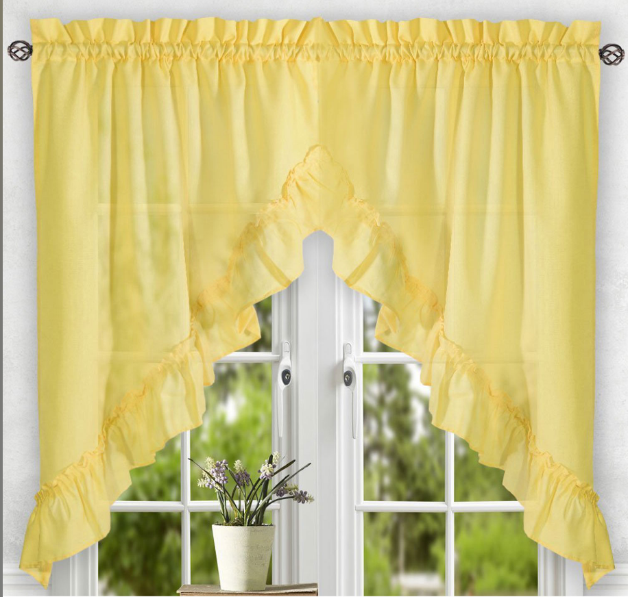 Stacey Yellow Ruffled Light Filtering Window Curtain Swag Set with Rod