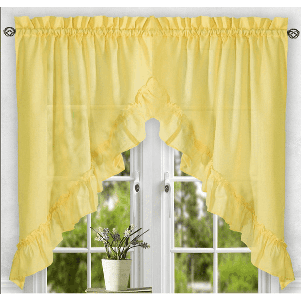 Stacey Yellow Ruffled Light Filtering Window Curtain Swag Set with Rod