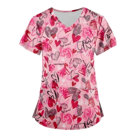 

Sksloeg Uniform Tops for Women Scrubs V-Neck Heart Printed T-Shirts Short Sleeve Workwear Nurse Uniform Tee with Pockets Pink L