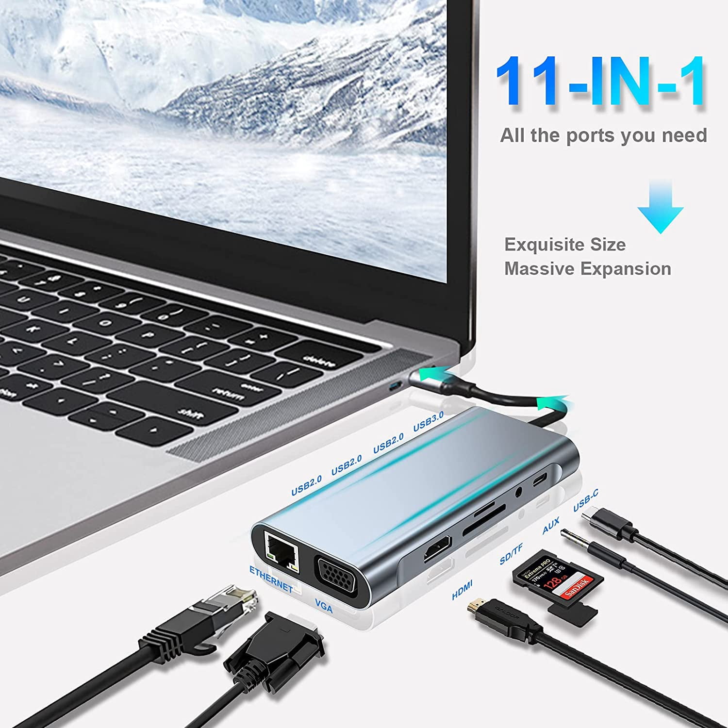 XIHAMA USB C HUB, USB C Adapter 11 in 1 Dongle with 4K HDMI, VGA, Type C PD, RJ45 Ethernet, SD/TF Card Reader, 3.5mm AUX, Docking Station Compatible with MacBook Pro/Air, Other Type C Laptops