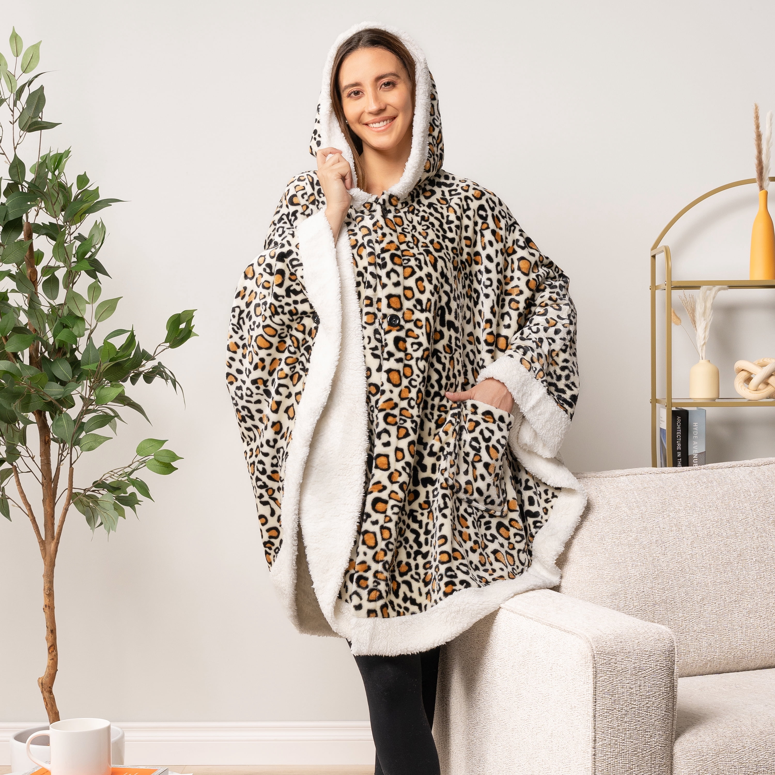 PAVILIA Sherpa Fleece Wearable Blanket for Adult Women, Cozy Plush Blanket Poncho Cape with Hood, Super Soft Shawl, Angel Wrap Throw for Office, Cheetah Yellow