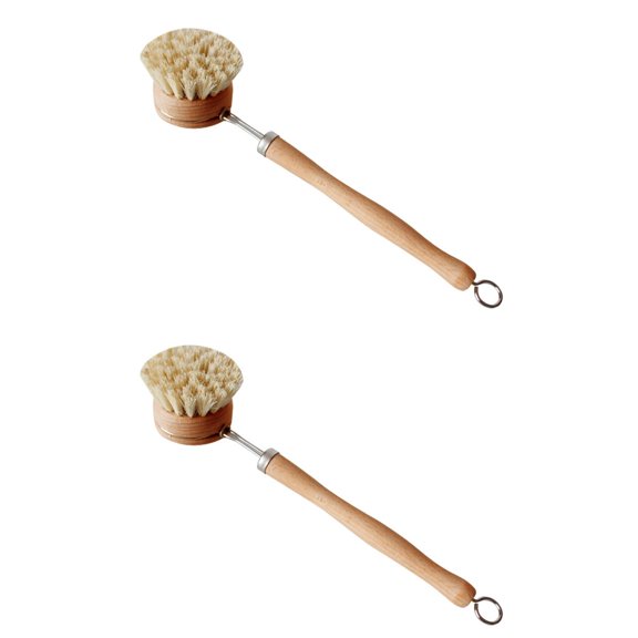 FRCOLOR 2pcs Household Sisal Pot Brush Wood Long Handle Scrub Brush Kitchen for Dish Plate