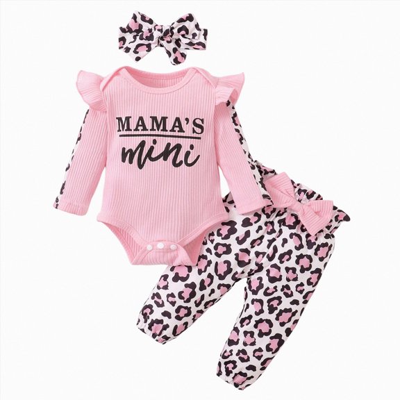 Xyant Baby Girl Clothes Newborn Infant Fall Winter Outfits Ruffle Long Sleeve Romper Leopard Pants Cute Headband Sets for Girls,Size 9-12 Months