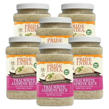 Pride Of India - PACK of 6 - Thai White Jasmine Rice - Fragrant Hom Mali Rice, 3 lbs Jar
