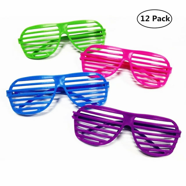 Neon Color Shutter Glasses 80's Party Slotted Sunglasses for Kids & Adults - 12 Pairs (Random Color)
