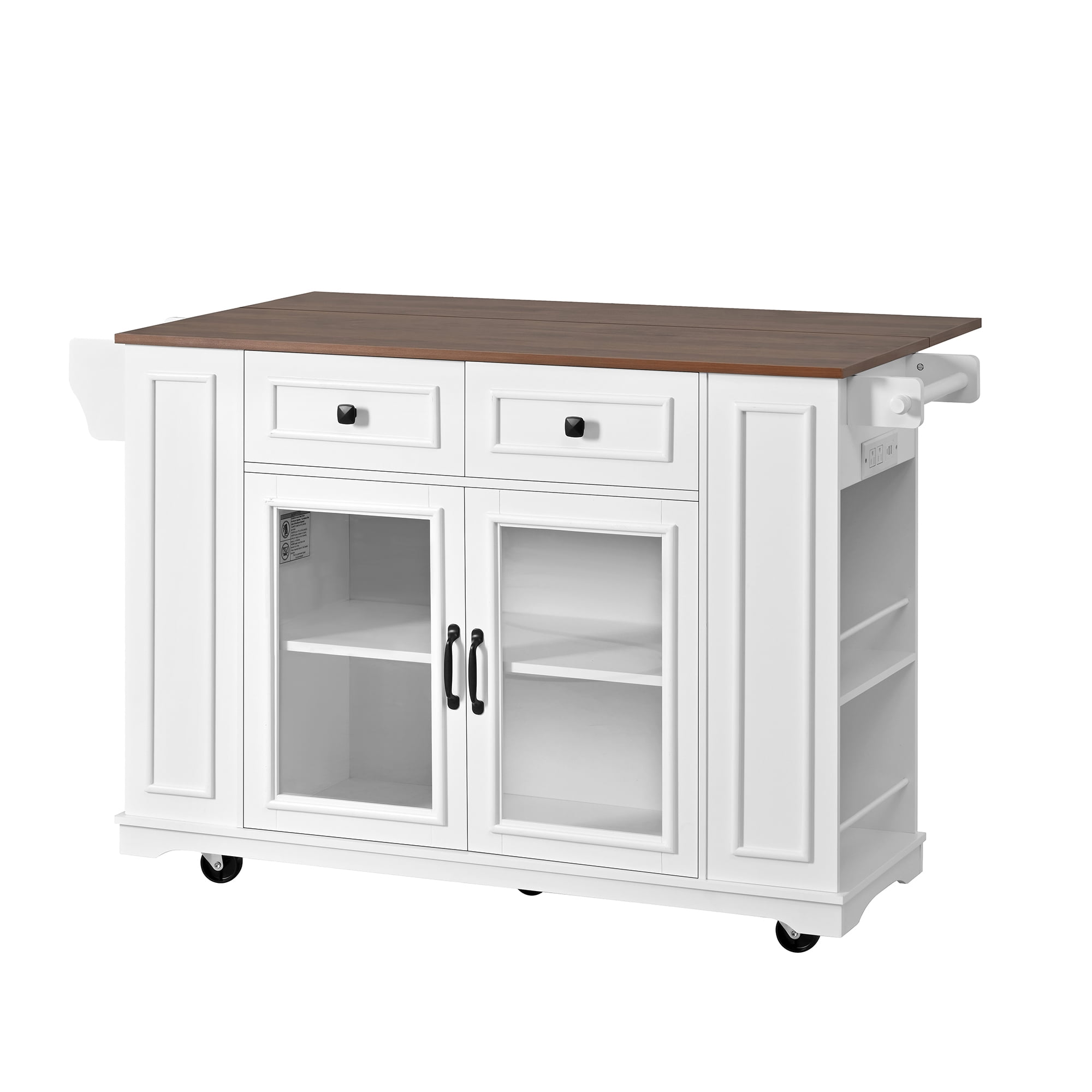 54" Mobile Kitchen Island with Glass Door Storage, Power Outlet & Open Shelves, Rolling Kitchen Cart with Towel Rack, Spice Rack & Knife Holder, Functional Kitchen Prep Table for Kitchen, Dining
