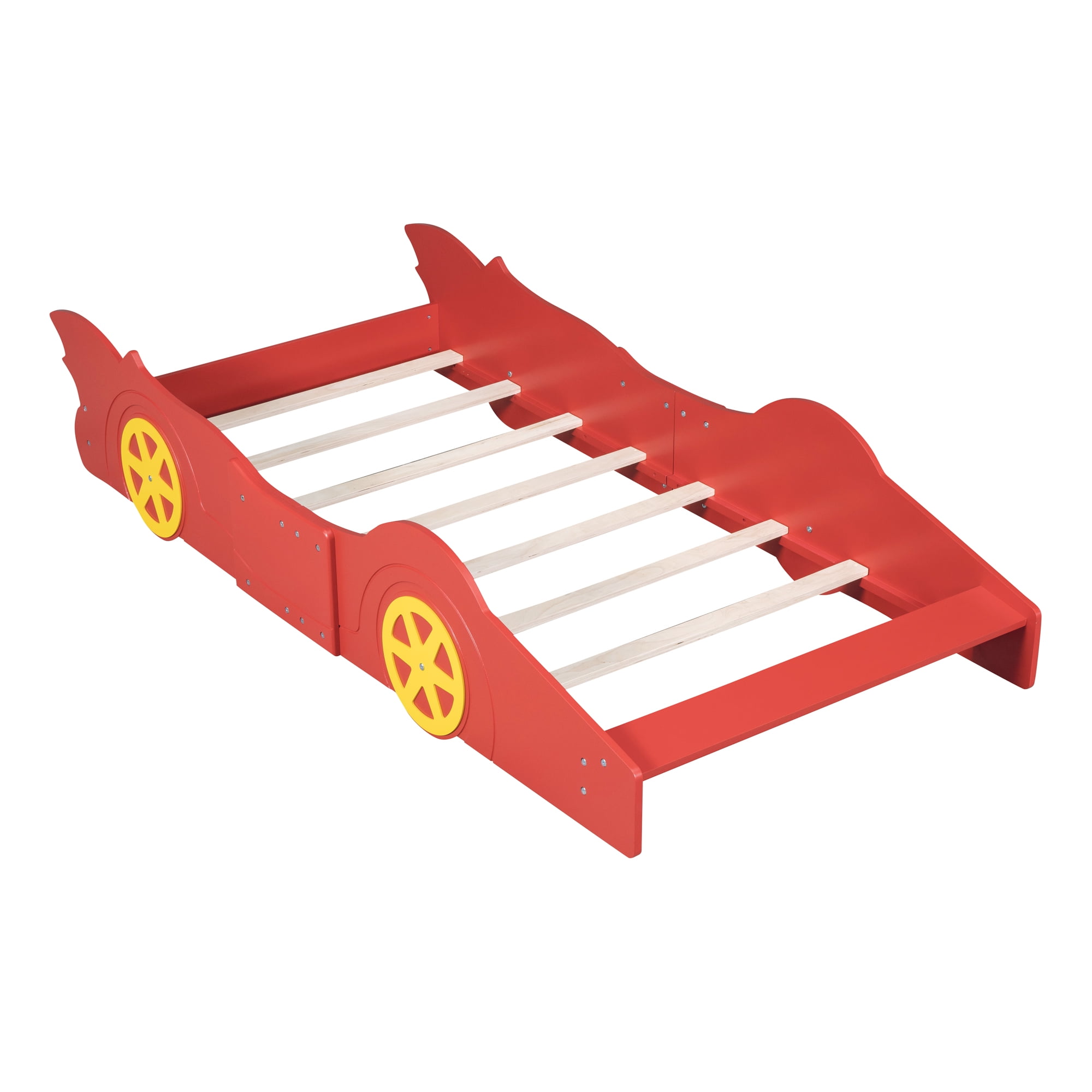 Solid Wood Race Car-Shaped Platform Bed with Wooden Slats, Bed with Wheels, Platform Bed with Headboard and Footboard, No Box Spring Needed (Red,Twin)