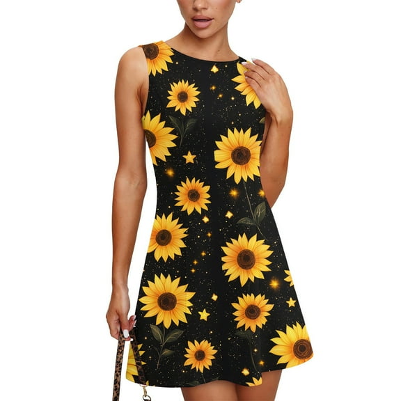 WTOBBY Women's Summer Floral Sundress Round Neck Sleeveless Casual Vest Dress with Back Keyhole Design for Outdoor Events and Garden Parties ,BlackL