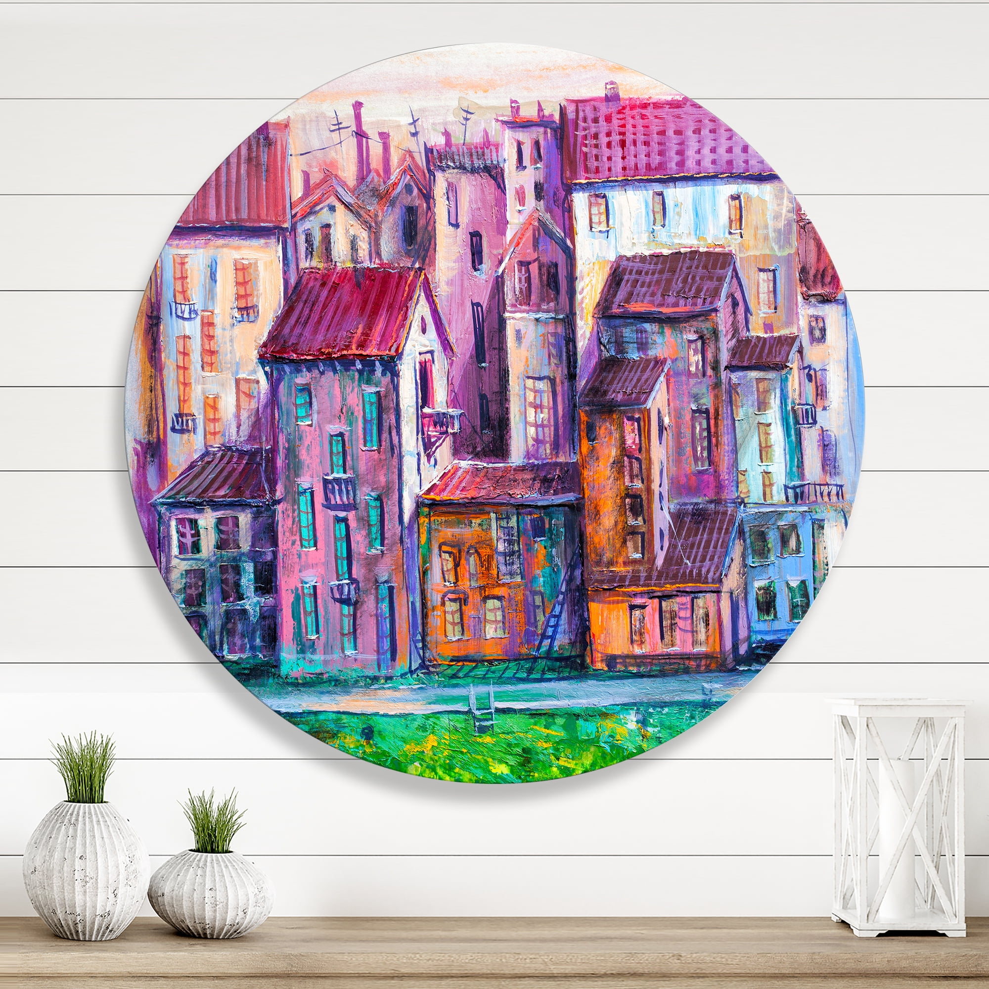 Designart 'Street With Colorful Old Homes Landscape' Modern Circle Metal Wall Art 11x11 - Disc of 11