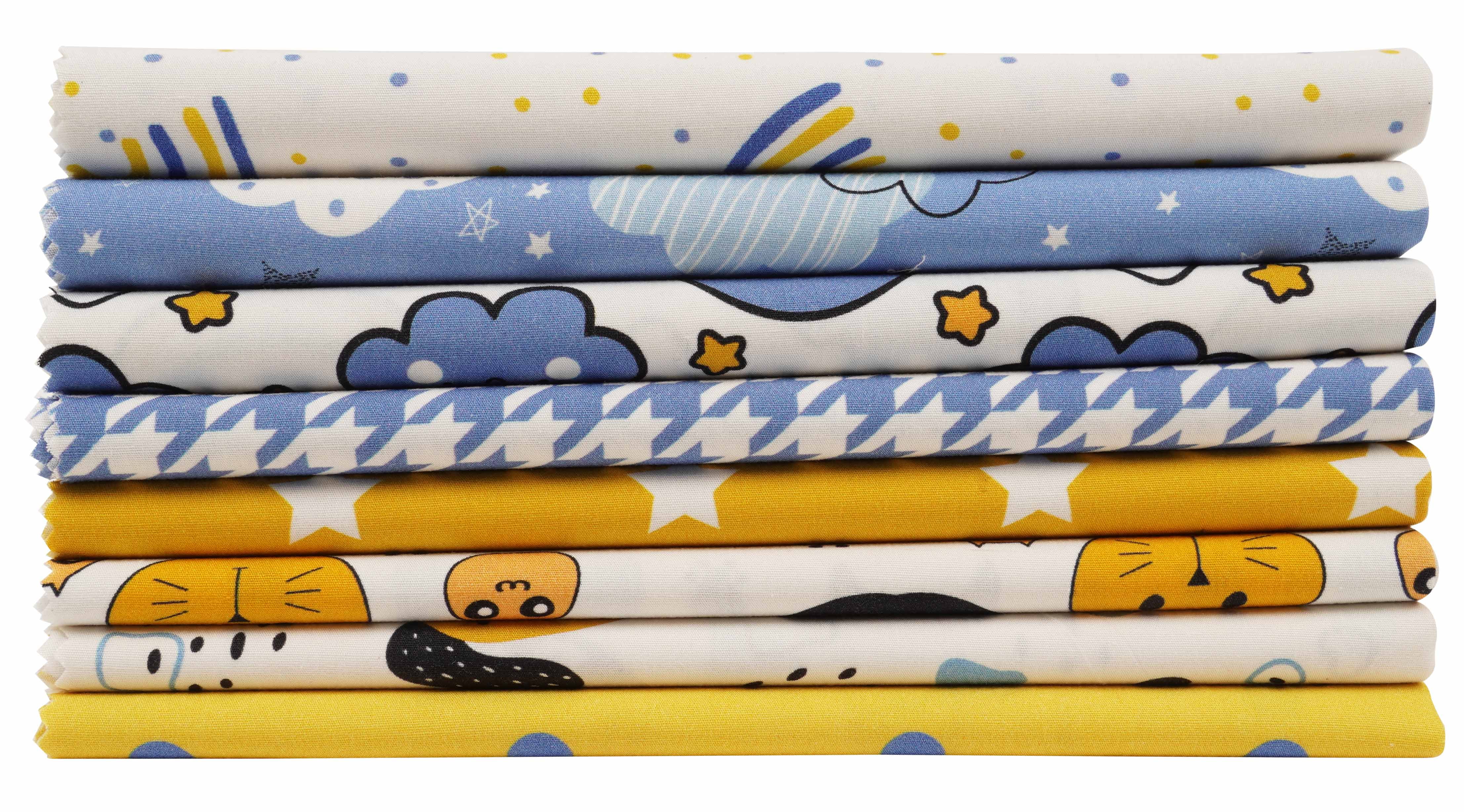 Soimoi 8 Pc Fat Quarter Bundle-Kids Collection - Nursery DecorPrint 18"x 22"DIY Patchwork-100% CottonPre-Cut Quilting Fabric Blue-Yellow & White