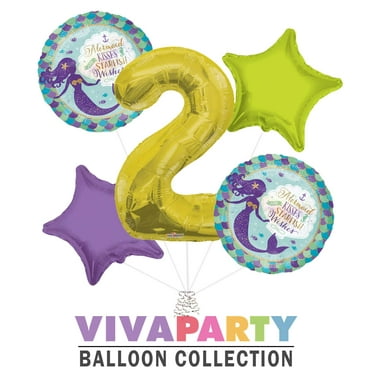 Mermaid Kisses and Starfish Wishes Round Balloon Bouquet 5 pc, 2nd Birthday, Gold Number 2 Jumbo Balloon | Viva Party Balloon Collection