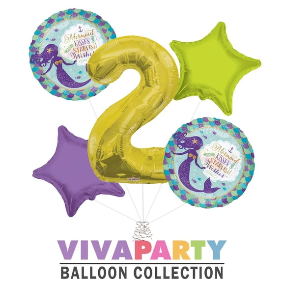 Mermaid Kisses and Starfish Wishes Round Balloon Bouquet 5 pc, 2nd Birthday, Gold Number 2 Jumbo Balloon | Viva Party Balloon Collection