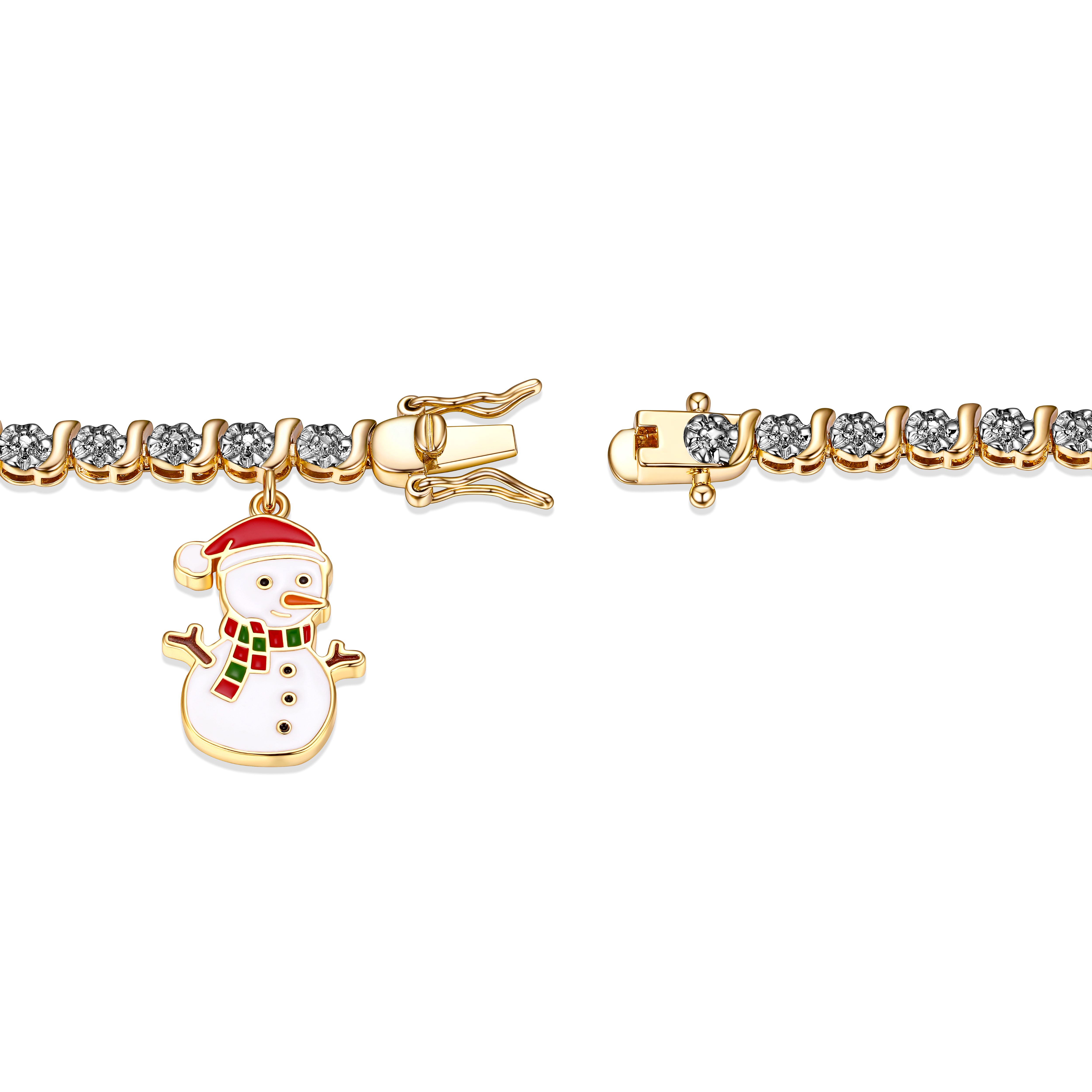 Fine Silver Plated Diamond Accent "S" Link Gold Tone Tennis Bracelet With Enamel Snowman Charm 7.25"