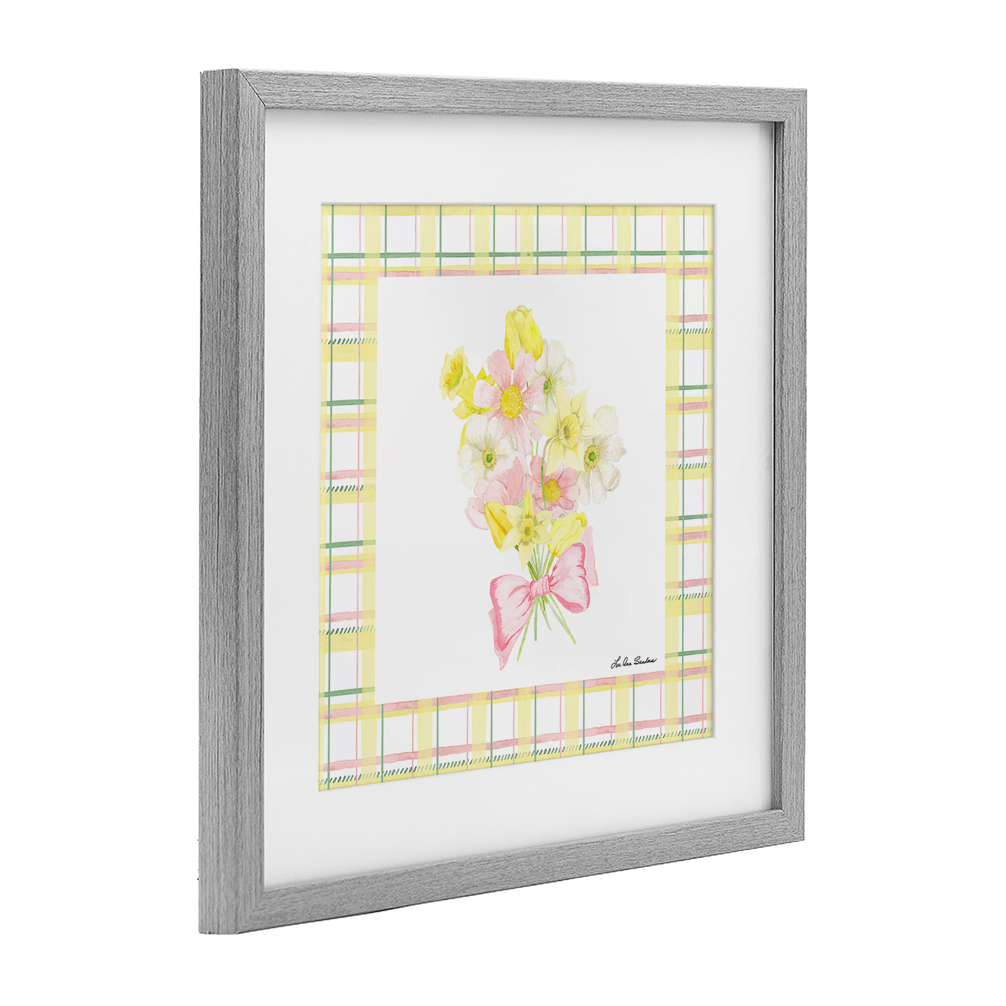 Spring Daffodils on Plaid Gray Framed Print Under Glass, design by Lee Ann Sanders