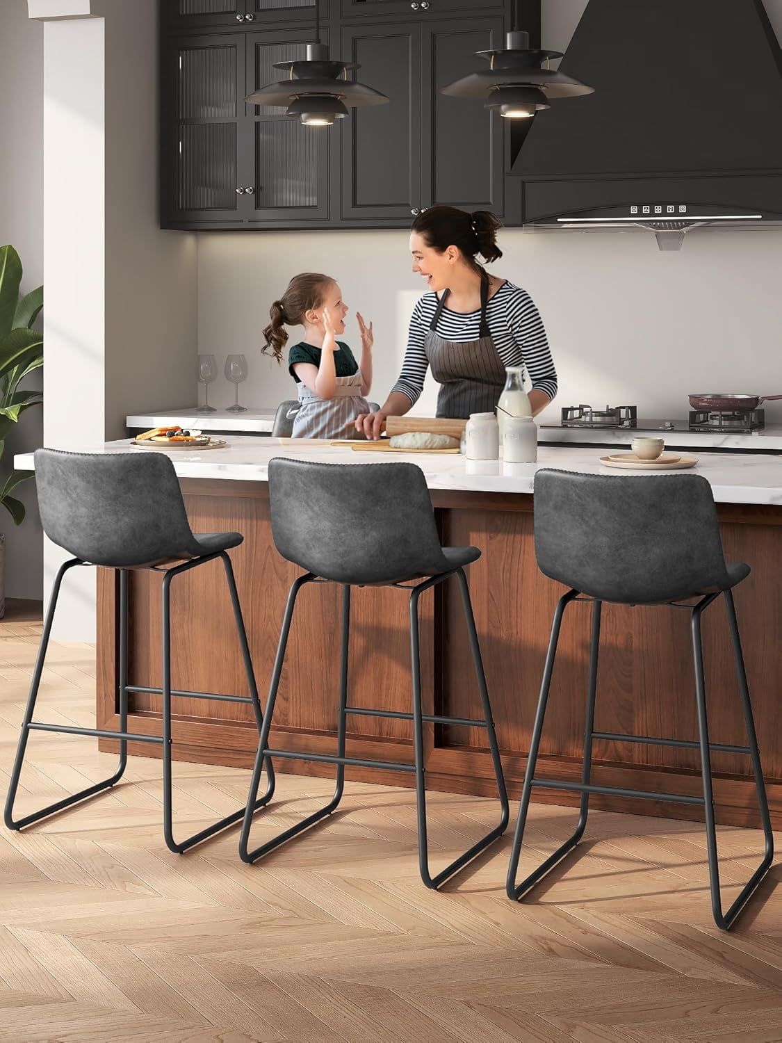 LainTene 26" Bar Stools Set of 2 – Faux Leather Counter Height Stools with Backrest & Footrest, Heavy-Duty Metal Frame for Kitchen, Bar, Living Room, Gray