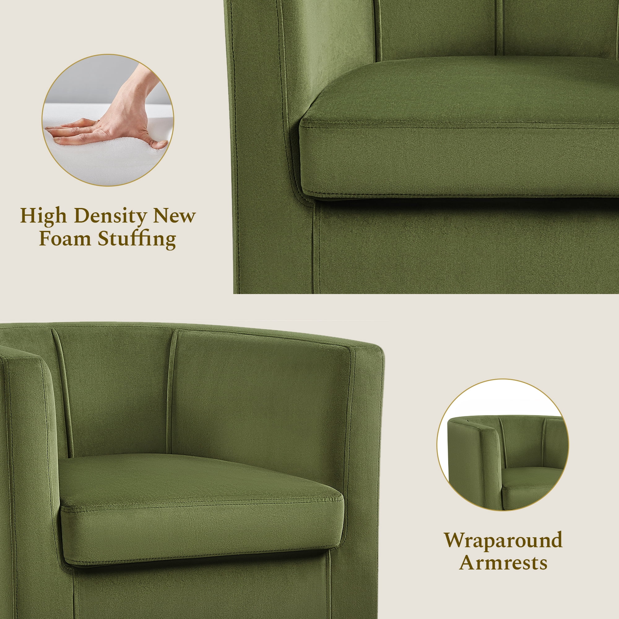 Renwick Upholstered Barrel Shaped Accent Chair with Curved Backrest for Livingroom, Olive Green Velvet, Set of 2